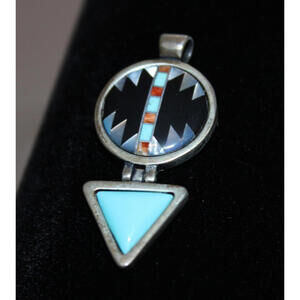 Vintage Zuni Style Sterling Silver Turquoise Inlay Dangle Pendant – Sunface